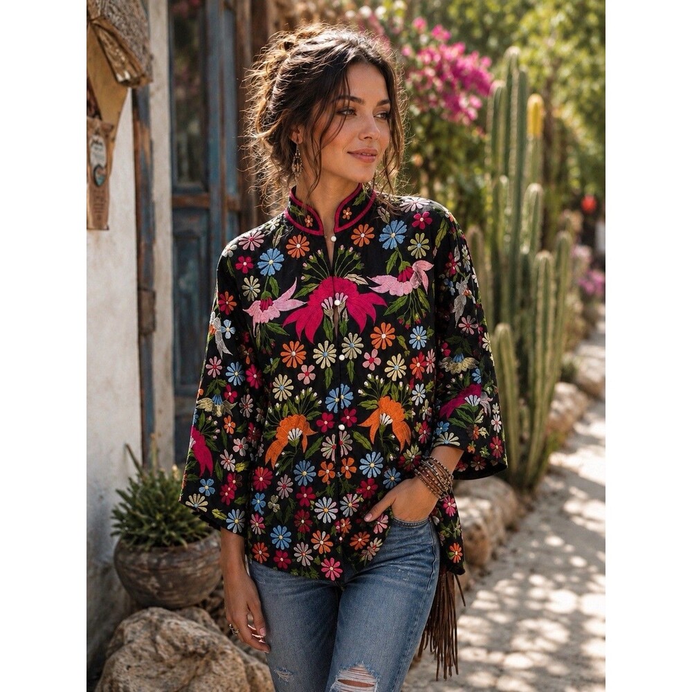 Floral Embroidered Asian Jacket Mandarin Collar Cotton Button Up Boho Large